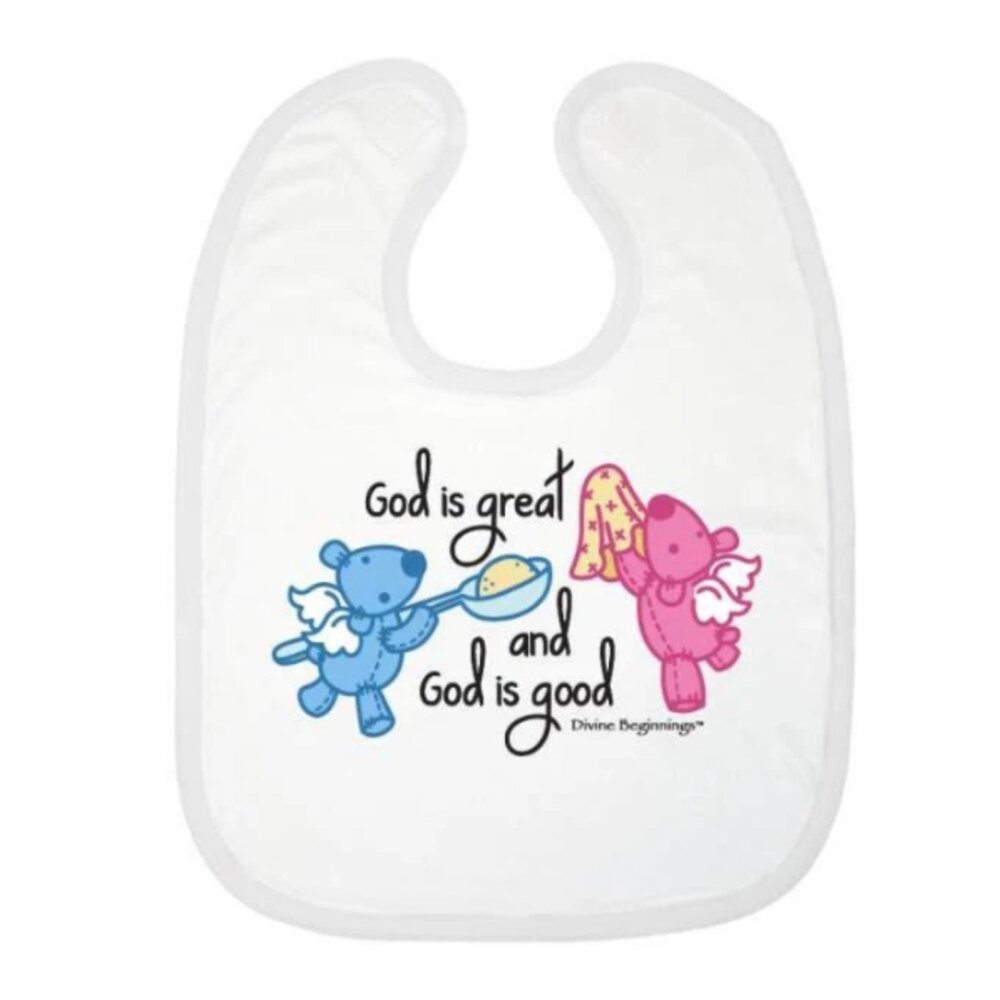 God is Great, God is Good Bib - Pink/Blue - English